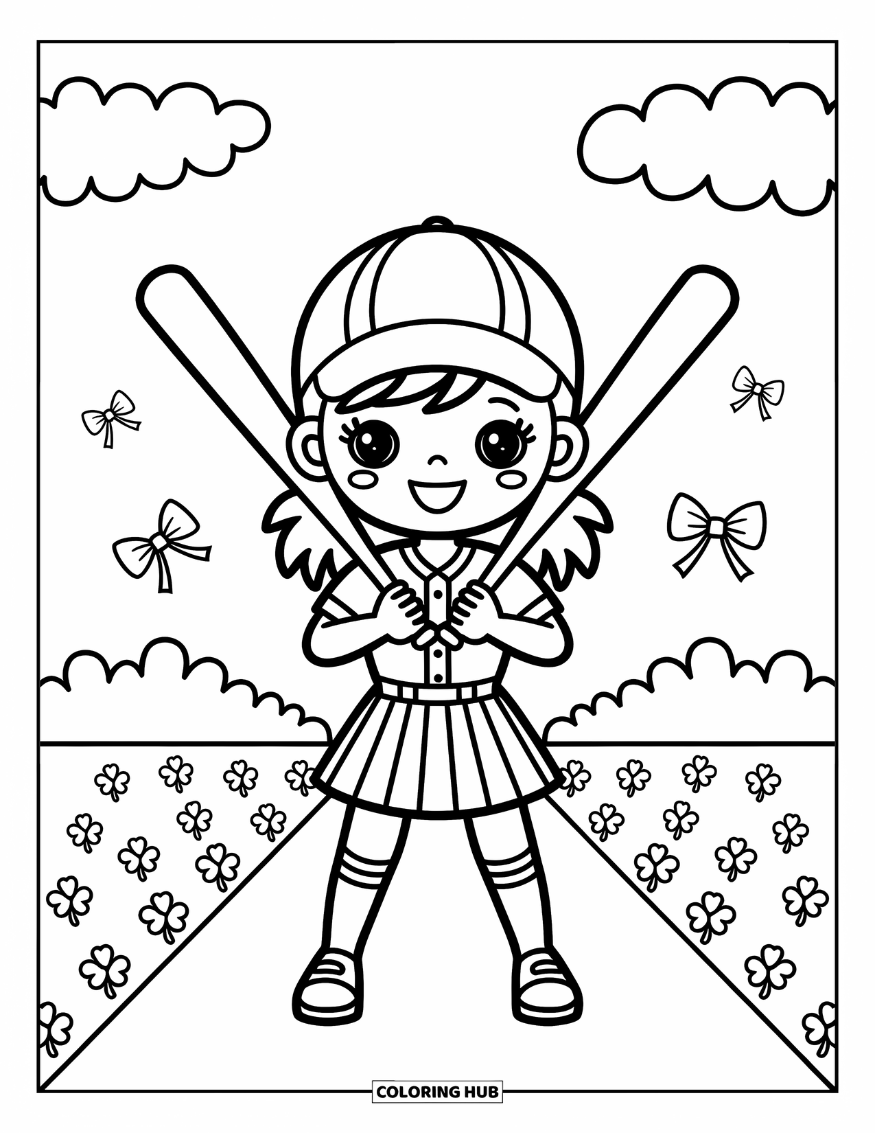 Kolorowanka z baseballem dla dorosłych: Uśmiechnięta dziewczyna baseballowa stoi dumnie z dwoma skrzyżowanymi kijami i unoszącymi się kokardami w pobliżu