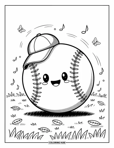 Coloriage de baseball pour adultes : Une balle de baseball souriante avec une petite casquette roule dans un champ avec des feuilles et des papillons