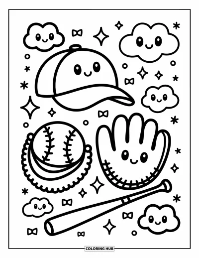 Coloriage de baseball pour adultes : Une casquette, un gant et une batte souriants encadrés d’étoiles ludiques, de nœuds et de nuages doux