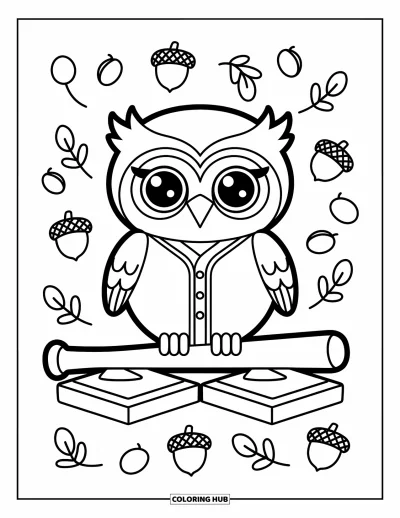 Coloriage de baseball pour adultes : Une petite chouette en uniforme de baseball perchée sur une batte, avec des volutes et des feuilles autour