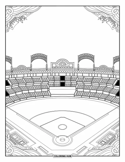 Coloriage de baseball pour adultes : Un stade de baseball vintage avec des arches et des détails ornés, entouré de motifs décoratifs