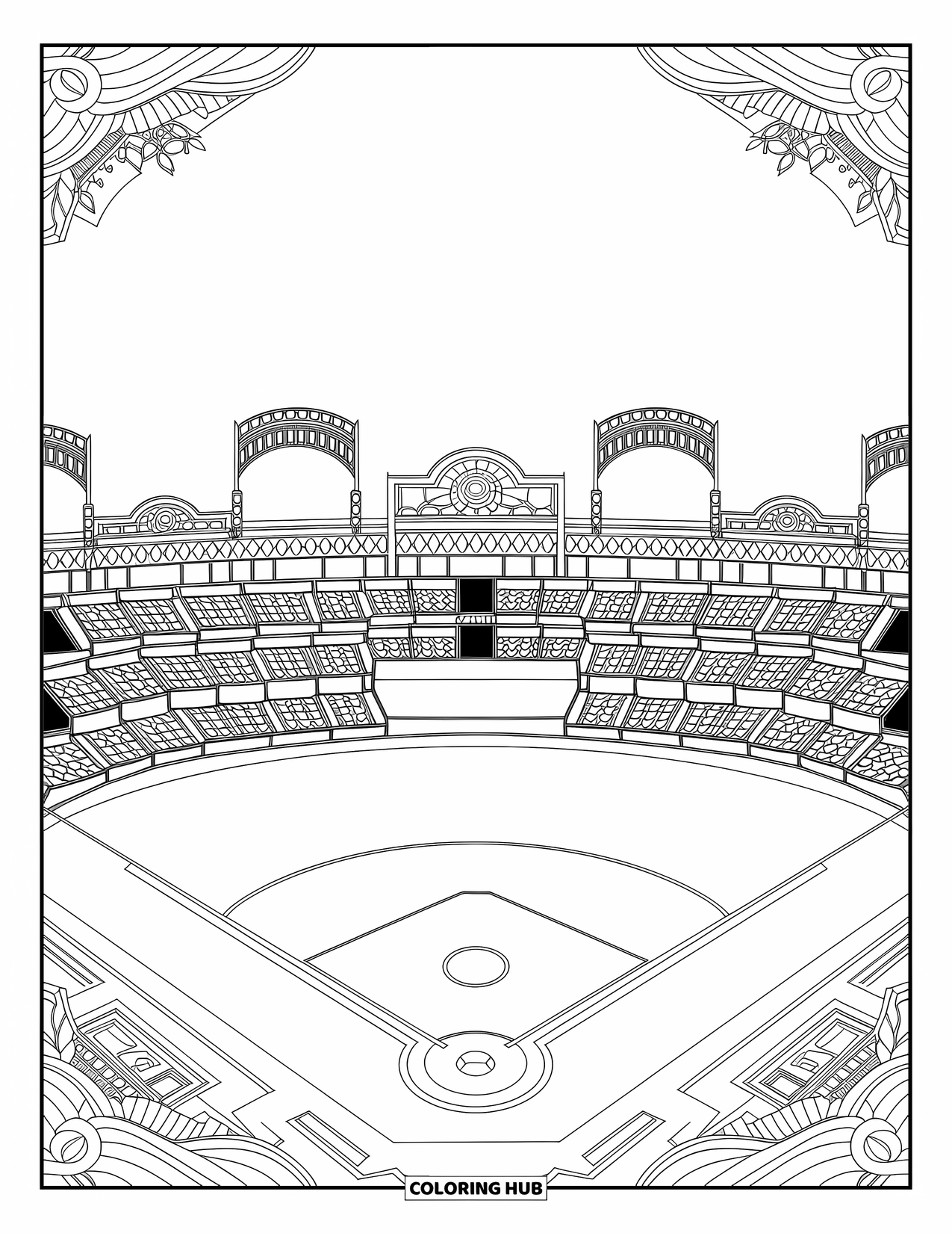 Kolorowanka z baseballem dla dorosłych: Zabytkowy stadion baseballowy z łukami i ozdobnymi detalami jest otoczony dekoracyjnymi wzorami