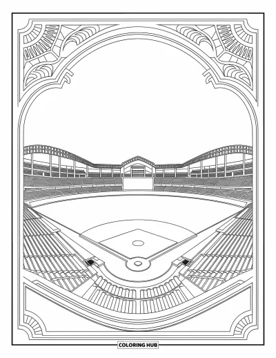 Coloriage de baseball pour adultes : Un stade de baseball vintage avec ferronneries et colonnes détaillées, encadré de motifs ornés
