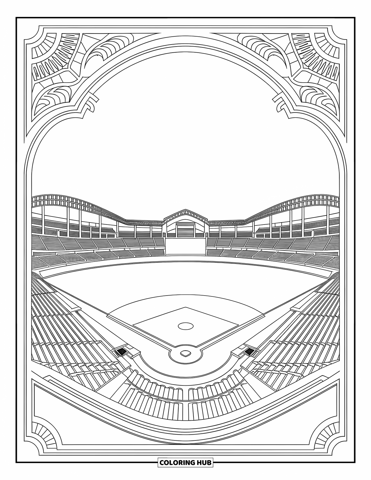 Kolorowanka z baseballem dla dorosłych: Zabytkowy stadion baseballowy ze szczegółowymi elementami żelaznymi i kolumnami jest otoczony ozdobnymi wzorami