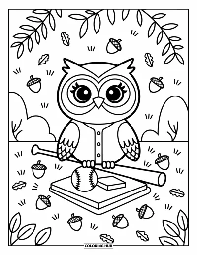 Coloriage de baseball pour adultes : Une chouette adorable en uniforme de baseball perchée sur une batte, avec des feuilles et des glands ludiques