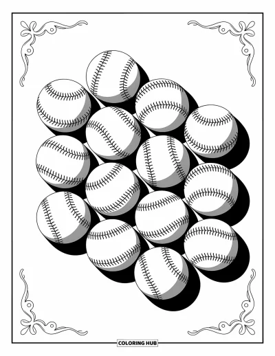 Coloriage de baseball pour adultes : Une composition artistique de balles de baseball aux coutures complexes, entourées de motifs élégants
