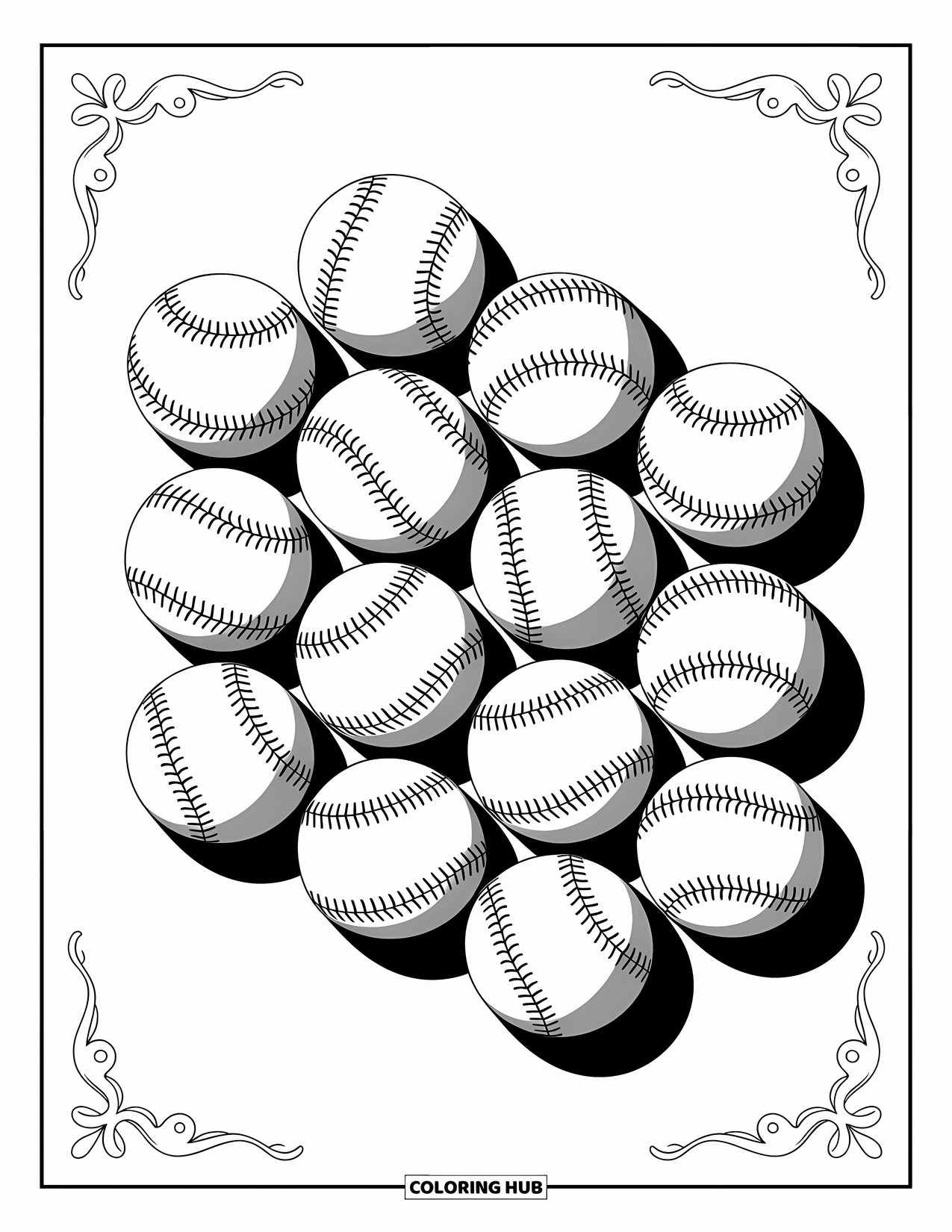 Kolorowanka z baseballem dla dorosłych: Artystyczny układ piłek baseballowych ze skomplikowanymi wzorami szwów i eleganckimi wzorami wokół nich