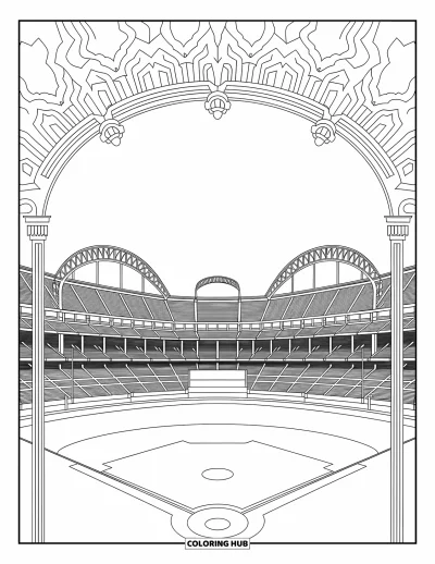 Coloriage de baseball pour adultes : Un stade de baseball ancien avec des arches décoratives et des motifs complexes tout autour