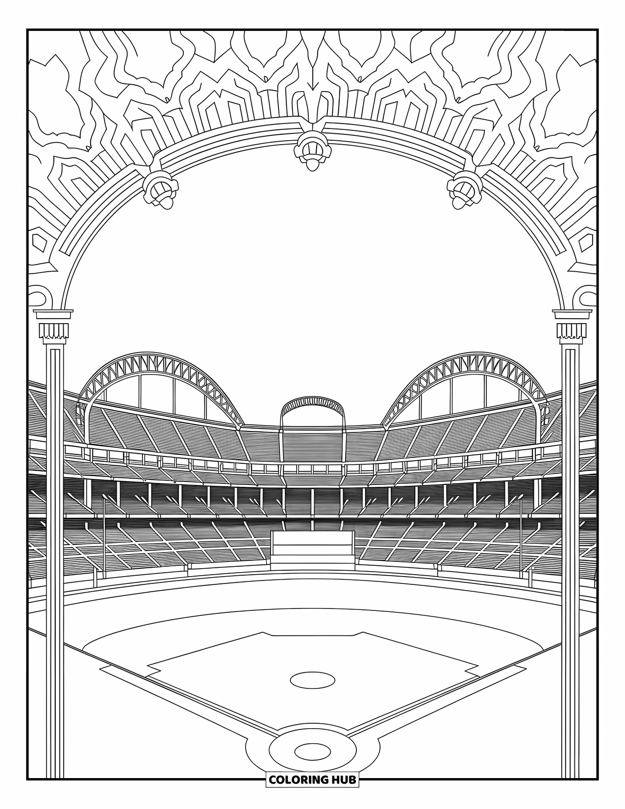 Kolorowanka z baseballem dla dorosłych: Staromodny stadion baseballowy z dekoracyjnymi łukami i skomplikowanymi wzorami otacza scenę
