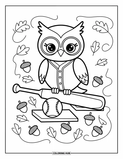 Coloriage de baseball pour adultes : Une chouette en petit uniforme de baseball assise sur une batte entre deux bases, avec des glands à proximité