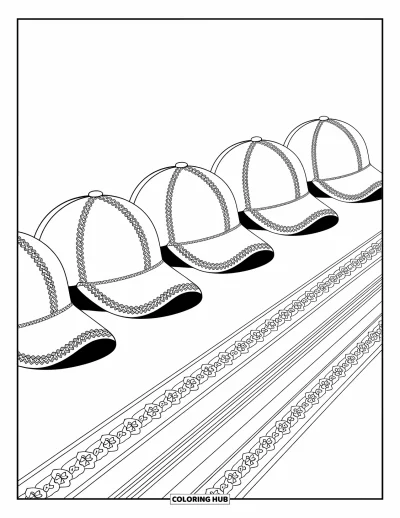 Coloriage de baseball pour adultes : Des casquettes de baseball aux motifs ornés, encadrées de bordures délicates et de dessins détaillés