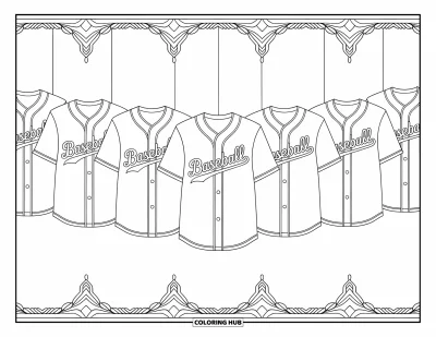 Coloriage de baseball pour adultes : Des maillots de baseball à motifs ornés suspendus avec des bordures élégantes et des dessins décoratifs autour