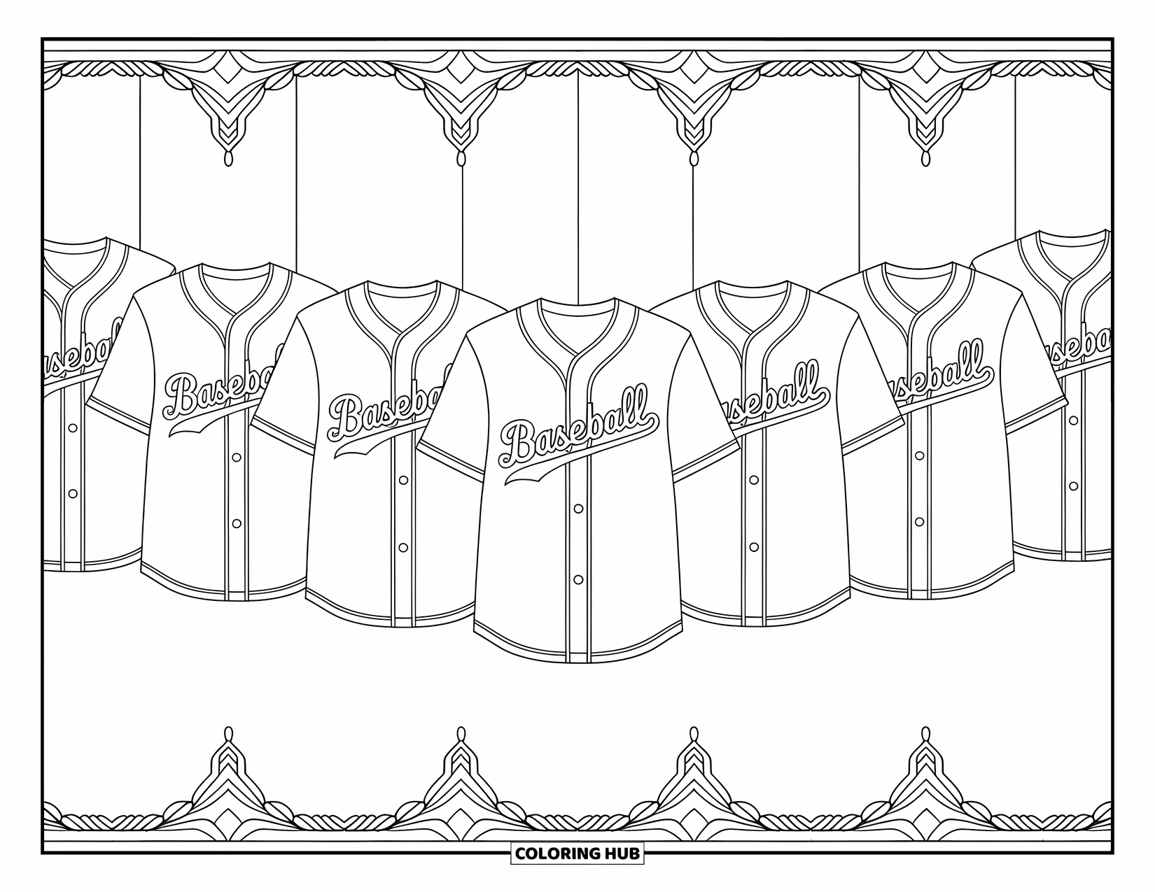 Kolorowanka z baseballem dla dorosłych: Koszulki baseballowe z ozdobnymi wzorami wiszą z eleganckimi obramowaniami i ozdobnymi wzorami wokół nich