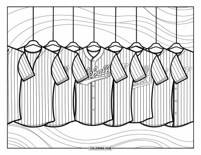 Coloriage de baseball pour adultes : Des maillots de baseball à motifs ornés, suspendus sur un fond riche en détails élégants