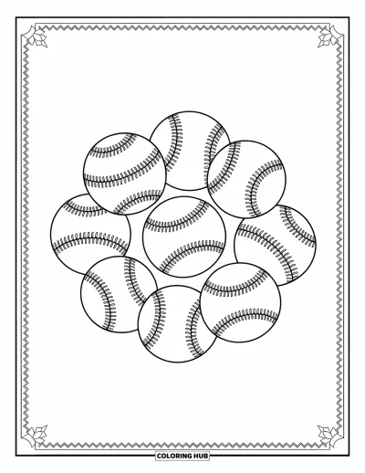 Coloriage de baseball pour adultes : Des balles de baseball aux coutures originales, entourées de bordures ornées et de motifs délicats