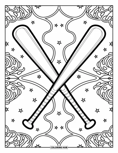 Coloriage de baseball pour adultes : Des battes de baseball croisées avec des lianes enroulées et des étoiles, encadrées de dessins décoratifs complexes