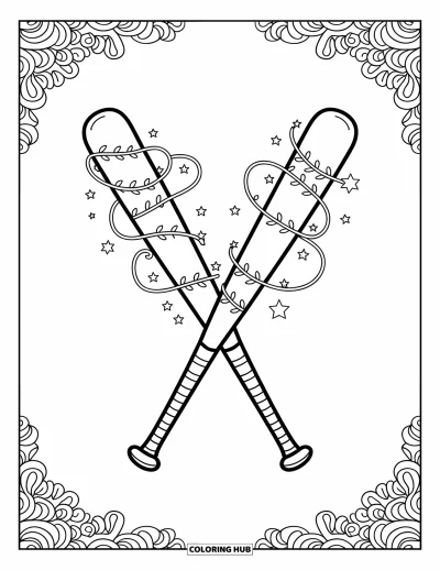 Coloriage de baseball pour adultes : Des battes de baseball croisées avec des lianes ornées et de petites étoiles, entourées de motifs élégants