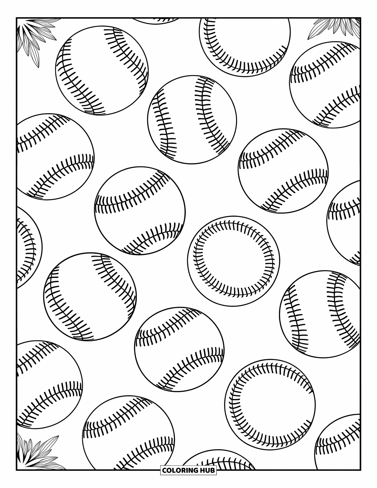 Kolorowanka z baseballem dla dorosłych: Misternie wzorzyste piłki baseballowe są ułożone z dekoracyjnymi obramowaniami i wdzięcznymi wzorami tła