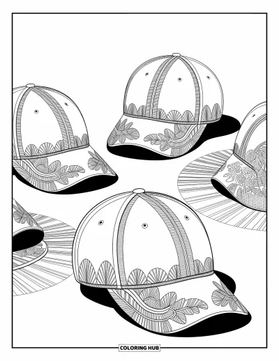 Coloriage de baseball pour adultes : Des casquettes de baseball à motifs avec un tracé fin, entourées d’arrière-plans riches et de motifs détaillés