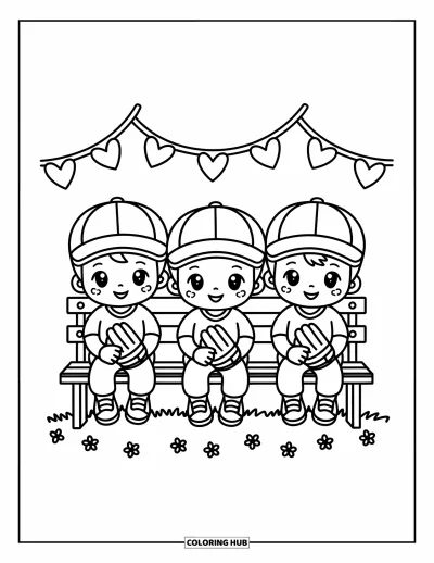 Coloriage de baseball pour adultes : Trois garçons chibi assis sur un banc avec une guirlande de cœurs et des fleurs autour d’eux