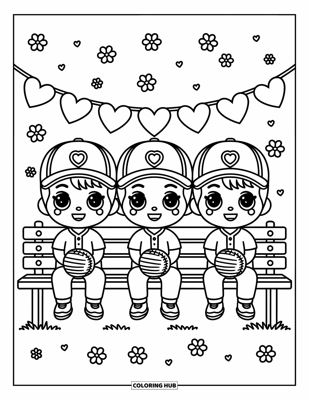Kolorowanka z baseballem dla dorosłych: Trzech chłopców chibi z rękawicami siedzi na ławce z girlandami w kształcie serc i maleńkimi kwiatkami w pobliżu