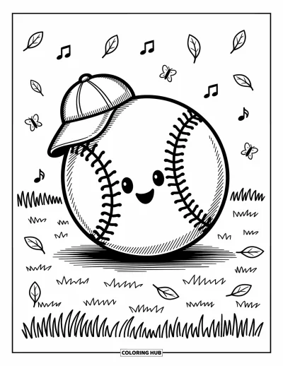 Coloriage de baseball pour adultes : Trois garçons heureux assis sur un banc, gants en main, avec une guirlande de cœurs et de petites fleurs