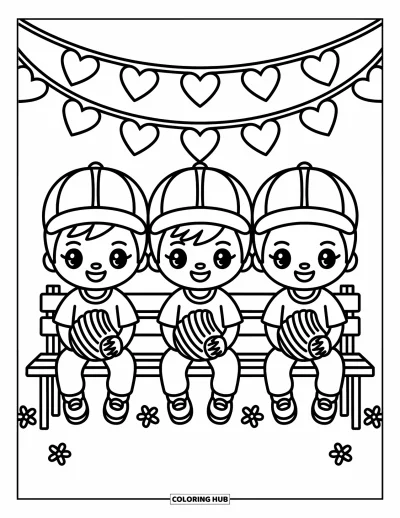 Coloriage de baseball pour adultes : Trois garçons souriants assis ensemble sur un banc, avec des cœurs suspendus au-dessus et des fleurs en dessous