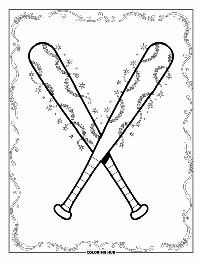Coloriage de baseball pour adultes : Deux battes de baseball croisées, entourées de lianes et d’étoiles, avec des motifs tourbillonnants tout autour