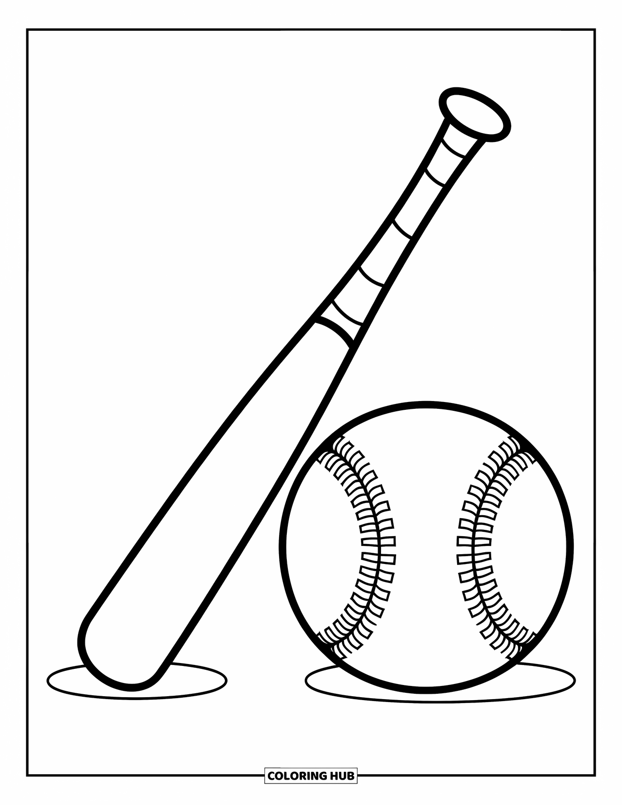 Kolorowanka z baseballem dla dzieci: Kij baseballowy i duża piłka leżą obok siebie z wyraźnymi szwami