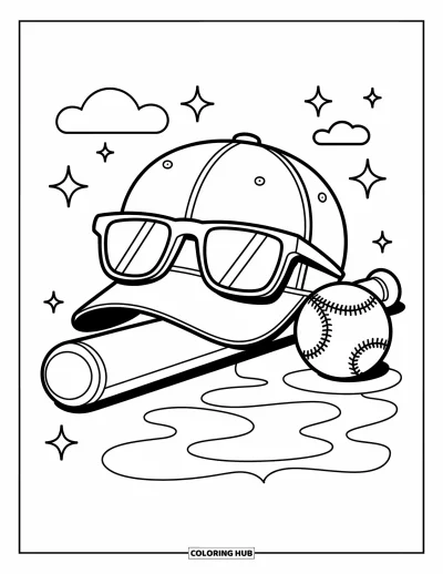 Coloriage de baseball pour enfants : Une casquette de baseball et des lunettes de soleil reposent sur une batte et une balle avec de petits détails ludiques