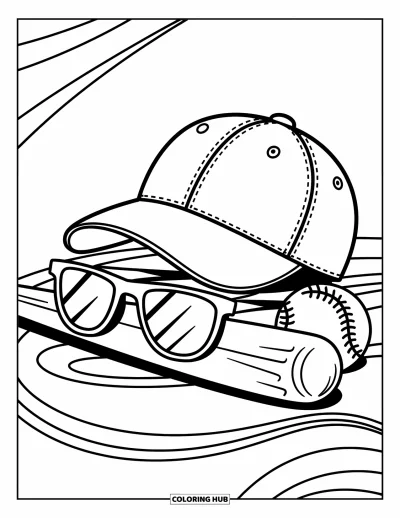 Coloriage de baseball pour enfants : Une casquette de baseball et des lunettes de soleil posées soigneusement sur une batte et une balle, avec des courbes joyeuses