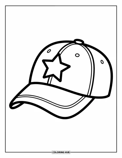 Coloriage de baseball pour enfants : Une casquette de baseball avec une grande étoile à l’avant se démarque joyeusement