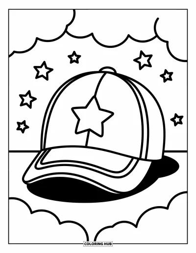 Coloriage de baseball pour enfants : Une casquette de baseball avec une étoile à l’avant et de doux nuages derrière