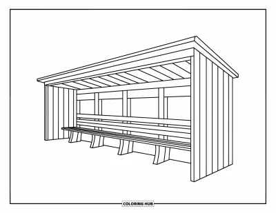 Coloriage de baseball pour enfants : Un abri d’équipe de baseball avec des bancs et une ambiance amicale et ludique