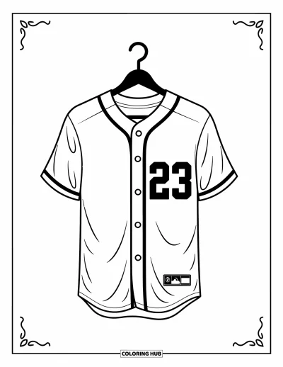 Coloriage de baseball pour enfants : Un maillot de baseball numéro 23 suspendu sur un cintre, avec des touches ludiques autour