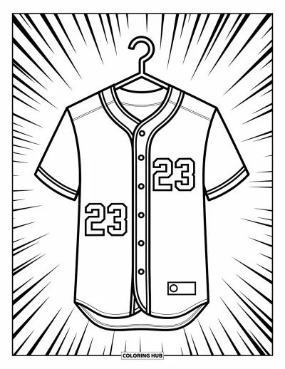 Coloriage de baseball pour enfants : Un maillot de baseball numéro 23 suspendu, avec des formes fantaisistes en arrière-plan