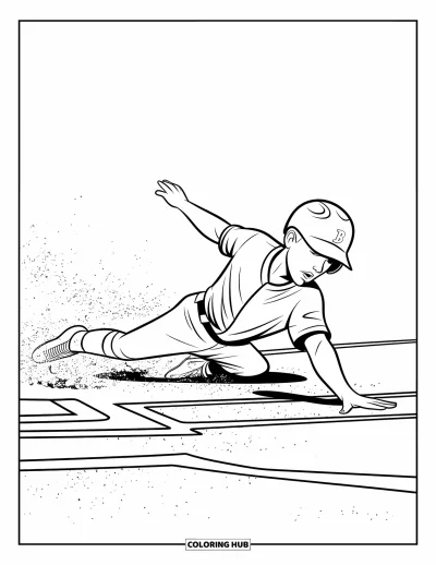 Coloriage de baseball pour enfants : Un joueur de baseball glisse vers le marbre, soulevant de la poussière avec énergie