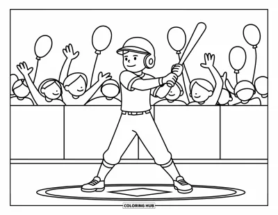Coloriage de baseball pour enfants : Un joueur de baseball s’échauffe avec une batte dans le cercle d’attente, avec des détails amusants autour