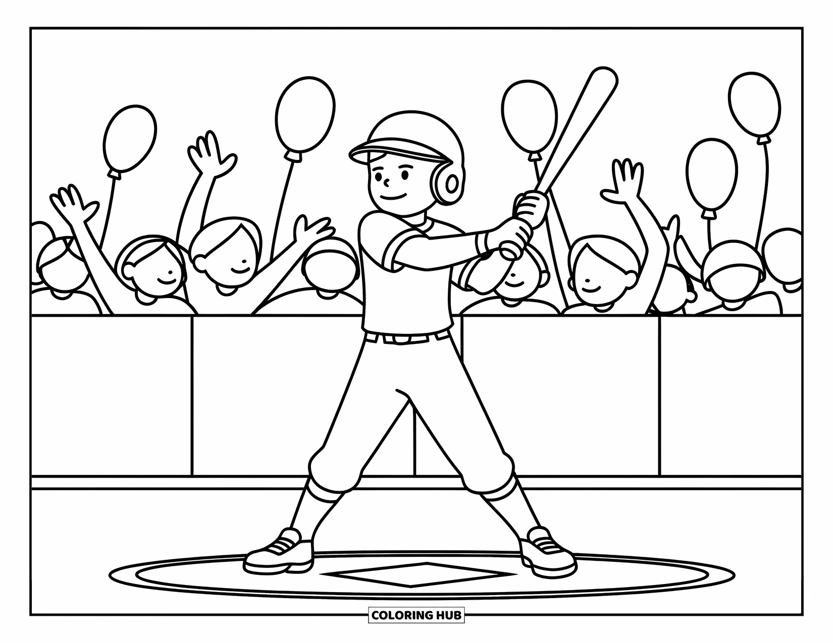 Kolorowanka z baseballem dla dzieci: Gracz baseballowy wymachuje kijem treningowym w kręgu rozgrzewkowym z zabawnymi detalami w pobliżu