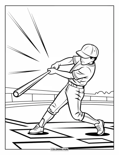 Coloriage de baseball pour enfants : Un joueur de baseball frappe une balle lancée, avec des lignes de mouvement qui montrent l’enthousiasme