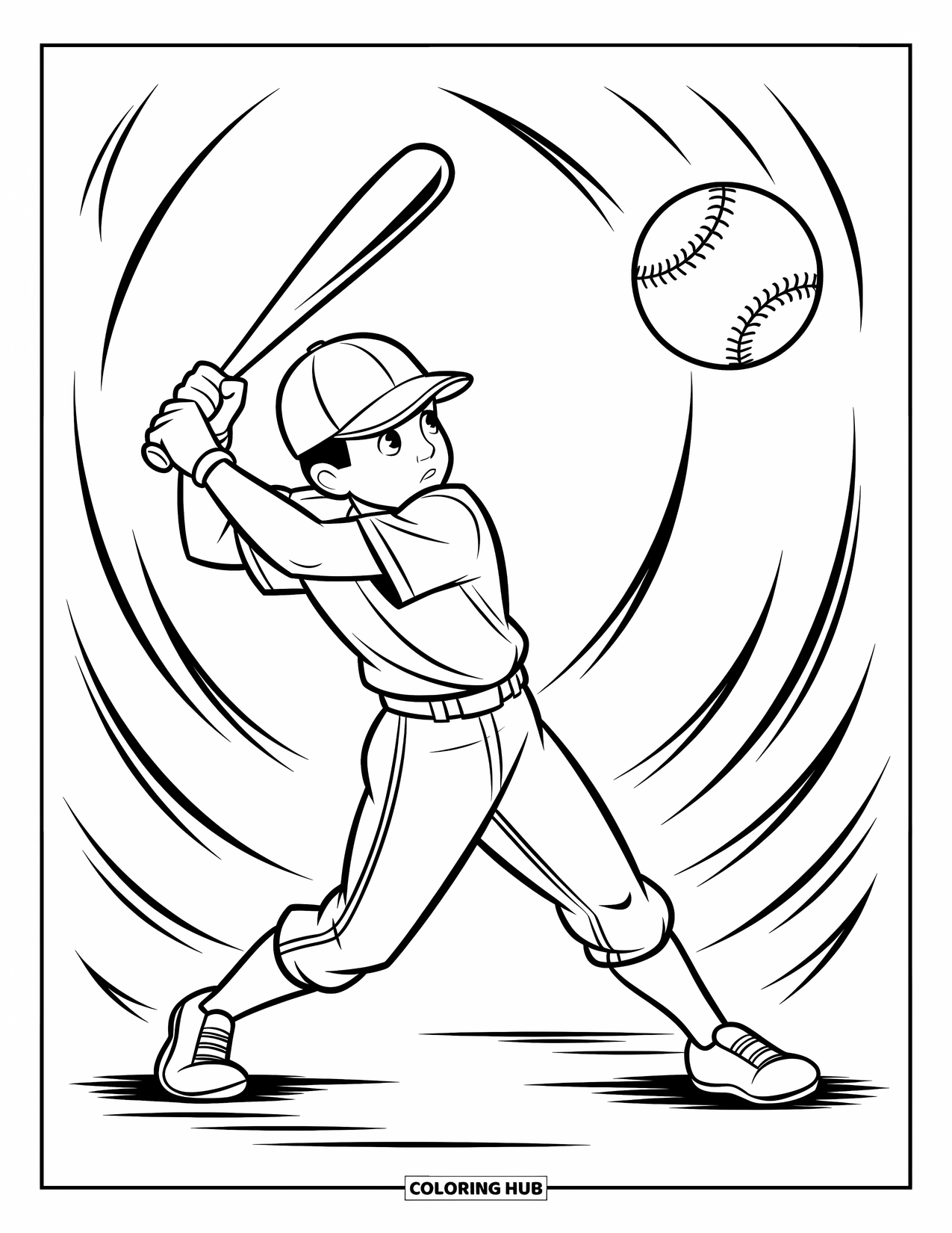 Kolorowanka z baseballem dla dzieci: Gracz baseballowy mocno uderza w piłkę, a wokół tańczą radosne linie ruchu