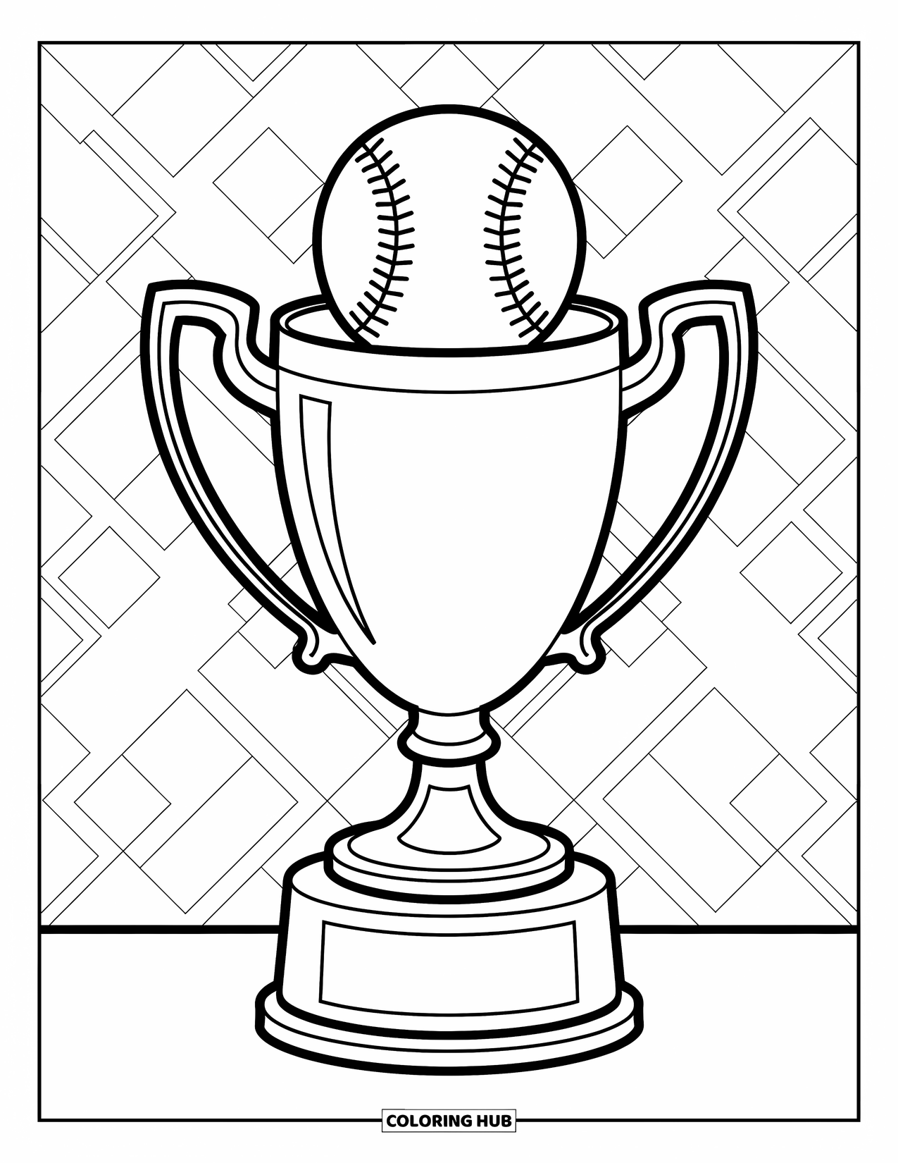 Kolorowanka z baseballem dla dzieci: Trofeum baseballowe z miękkimi krzywiznami i zabawnymi akcentami stoi dumnie