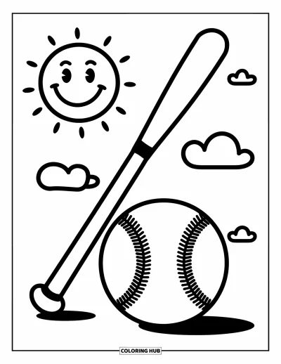 Coloriage de baseball pour enfants : Une batte et une balle aux coutures visibles reposent près de nuages ludiques et d’un soleil souriant