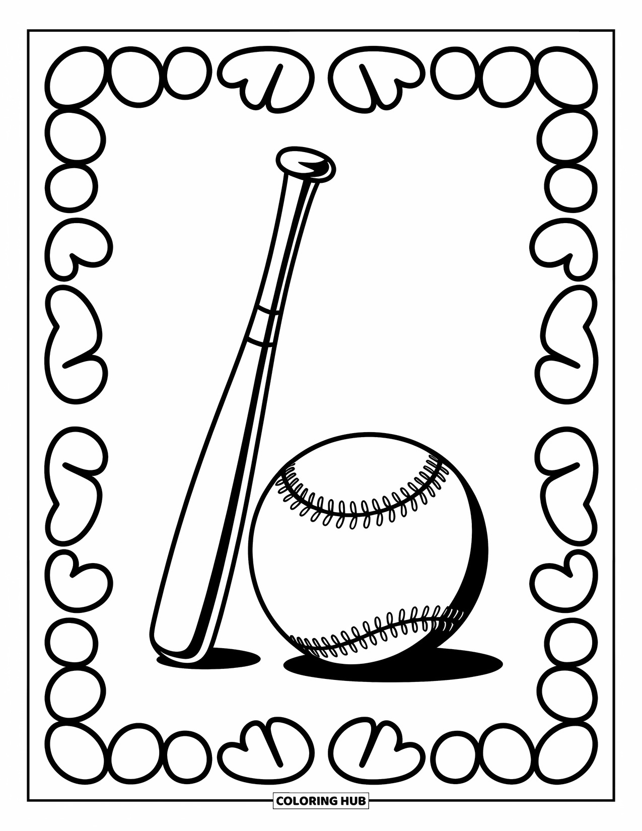 Kolorowanka z baseballem dla dzieci: Kij i piłka baseballowa leżą razem z zabawnymi kształtami i radosną obwódką