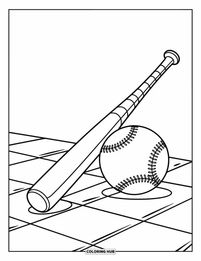 Coloriage de baseball pour enfants : Une batte et une grande balle de baseball reposent ensemble, dans une ambiance joyeuse