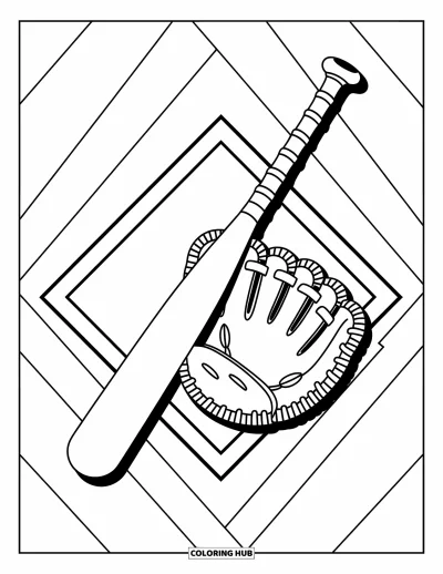 Coloriage de baseball pour enfants : Une batte et un gant posés sur un motif de losange, avec des détails simples et amusants