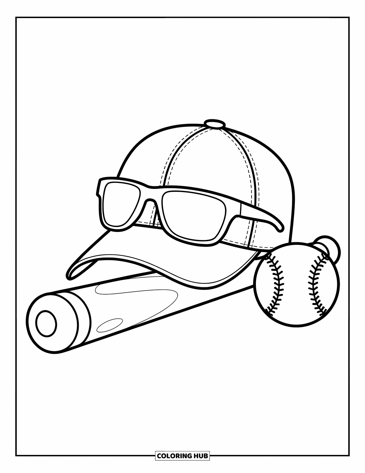 Kolorowanka z baseballem dla dzieci: Czapka i okulary przeciwsłoneczne leżą na kiju i piłce baseballowej z zabawnymi, nowoczesnymi akcentami
