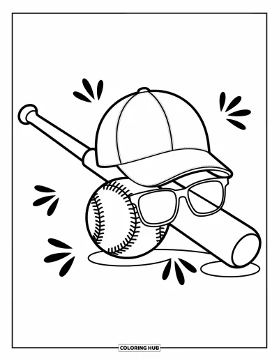 Coloriage de baseball pour enfants : Une casquette et des lunettes de soleil inclinées sur une batte et une balle, entourées de motifs ludiques
