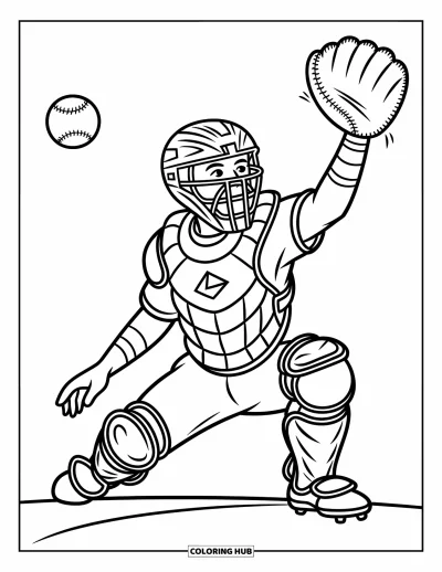 Coloriage de baseball pour enfants : Un receveur tend son gant vers une balle, avec des motifs dynamiques et amusants autour de lui