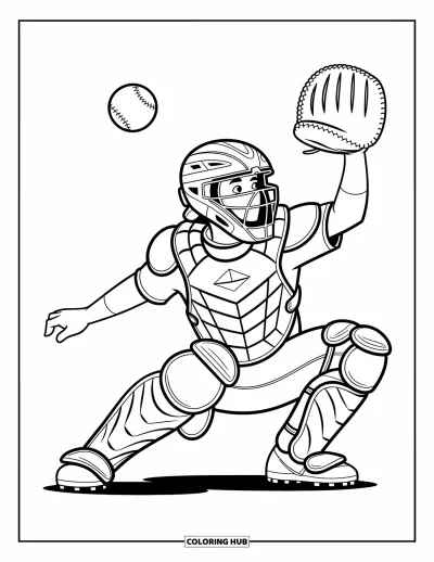 Coloriage de baseball pour enfants : Un receveur équipé tend son gant vers une balle, plein d’énergie et de mouvement